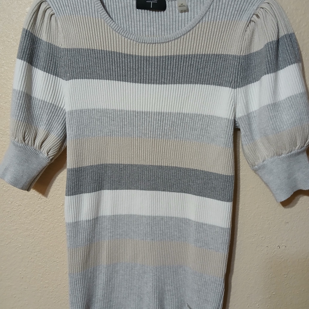 Tahari Women's Striped Gray and Cream Sweater